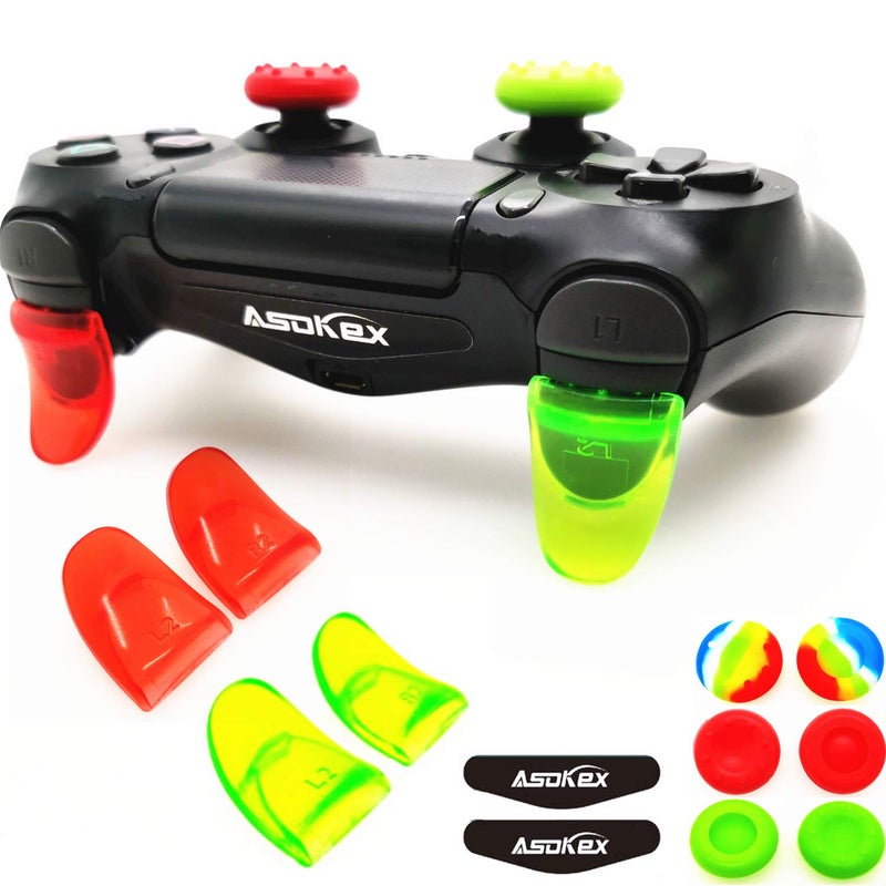 Asokex L2 R2 Triggers Ps4 (2 Pairs Trigger Extender,6Pcs Thumbstick Grips, 2 Pairs LED Light Bar Decal) for Ps4 Dualshock Controller(Green&red) - Image 1